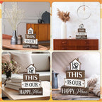 Cinnvoice 4 Pcs Farmhouse Tabletop Decor Rustic Family Blessed Home Table Centerpiece This Is Us Sign for Kitchen Shelf Desk Fireplace Mantel Tiered Tray Decor(Home This is Our Happy Place)