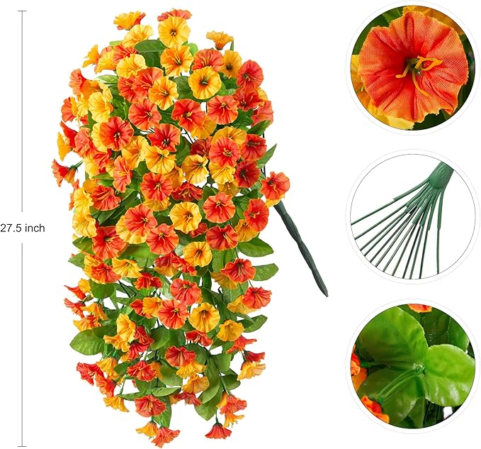 Artificial Fake Hanging Flowers Plants for Outdoor Decoration, 2PCS Faux Silk Morning Glory Long Vines Stems UV Resistant Look Real for Spring Summer Outside Home Porch Patio, Orange Yellow