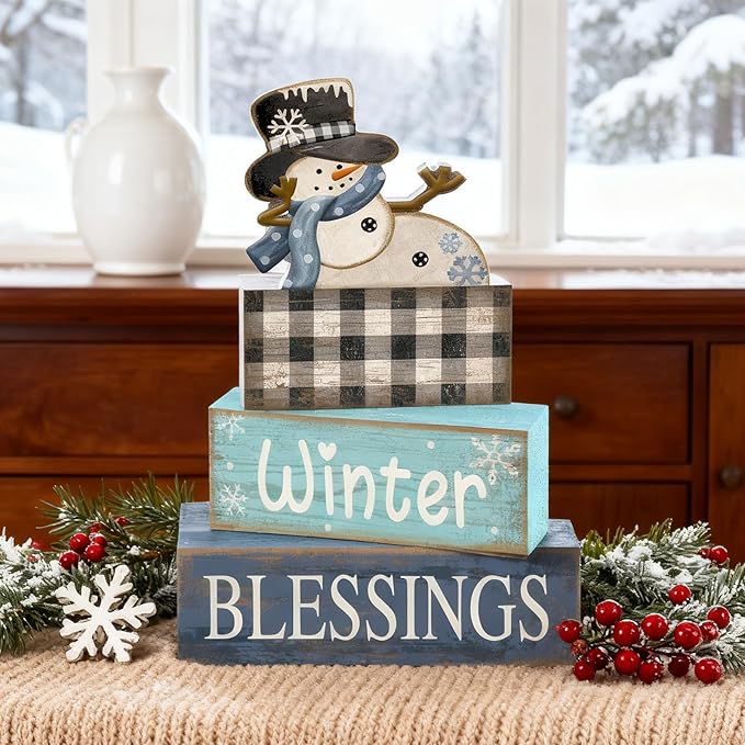 Moucuny 4 Pcs Winter Table Decorations Playful Snowman Decor Indoor Winter Tiered Tray Decor Rustic Wooden Decorative Snowman Block Sign Gift Snowflake Centerpiece Farmhouse for Home Kitchen