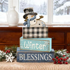 Moucuny 4 Pcs Winter Table Decorations Playful Snowman Decor Indoor Winter Tiered Tray Decor Rustic Wooden Decorative Snowman Block Sign Gift Snowflake Centerpiece Farmhouse for Home Kitchen