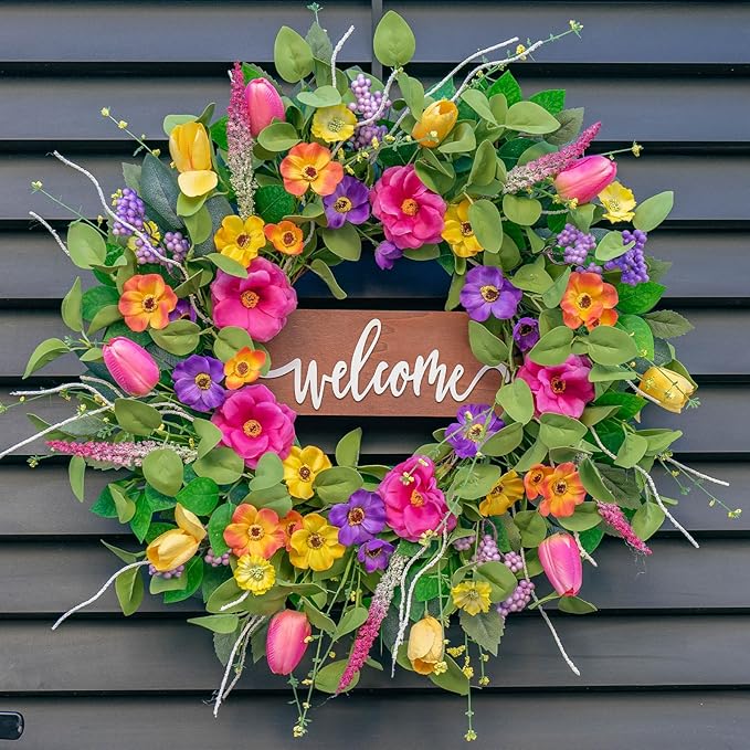 Pinkpuii Spring Wreaths for Front Door Outside – 24 Inch Artificial Tulip & Wildflower Summer Wreath with Green Eucalyptus Leaves and Welcome Sign- Indoor Outdoor Farmhouse Home Porch Wall Decor