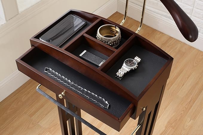 Proman Products Milan Valet Stand with Drawer, Top Tray, Contour Hanger, Trouser Bar, Tie & Belt Hooks and Shoe Rack - VL16226, Dark Walnut