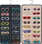 BAGSMART Hanging Jewelry Organizer, Dust Proof Sunglasses Storage Case Wall Mounted, Travel Dual Sided Glasses Case Multiple Pairs, Eyeglasses Holder with 32 Clear Slots & Metal Hook, Black