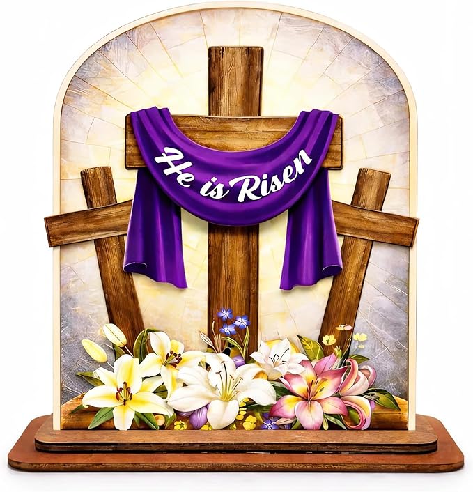 KATINAT He Is Risen Easter Decor Wooden Plaque – Christian Resurrection Cross Table Sign with Purple Cloth, Religious Easter Decoration for Home, Church, Christian Gift, Resurrection Sunday Decor
