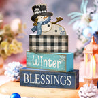 Moucuny 4 Pcs Winter Table Decorations Playful Snowman Decor Indoor Winter Tiered Tray Decor Rustic Wooden Decorative Snowman Block Sign Gift Snowflake Centerpiece Farmhouse for Home Kitchen