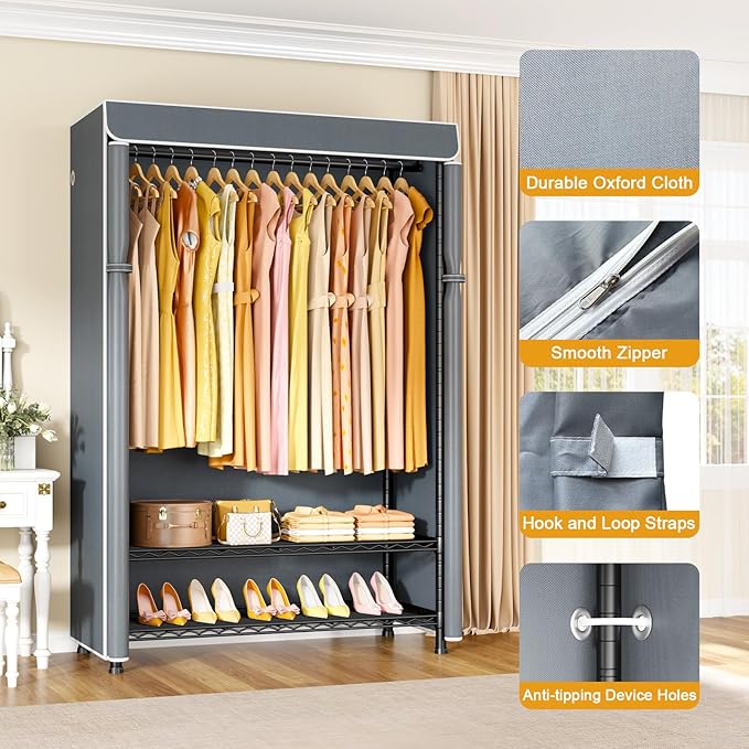 H5C Plus Clothes Rack with Cover, Portable Closet for Hanging Clothes, Covered Clothing Racks Heavy Duty, 3-Tiers Garment Rack with Shelves Max Load 370LBS Black Closet Rack with Gray Cover