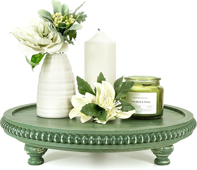 EOSAHR Round Pine Wooden Display Riser - Beaded Wood Riser for Small Plant Stand & Sink Sponge Holder, Perfume Display Stand - Rustic Kitchen Counter Organizer, Boho Chic Room Decor (Green)