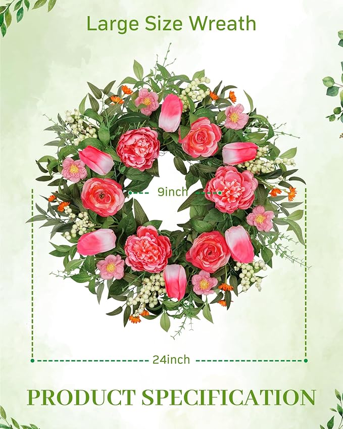 Vlorart 24 Inch Spring Summer Wreath Peony Wreath for Front Door with Pink Tulip, Eucalyptus Leaves, White Berries for Indoor Outdoor Wall Festival Home Farmhouse Wedding Decor