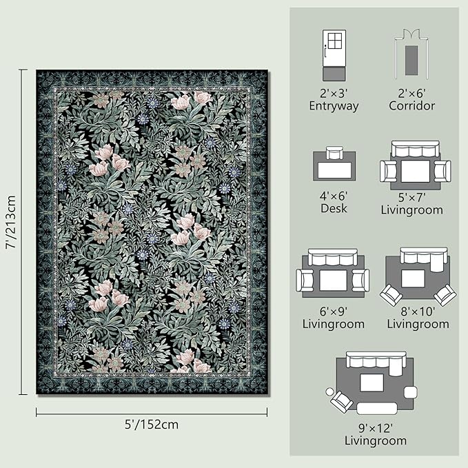 Washable Area Rugs 5x7 Black Green Vintage Floral Botanical Pattern,Perfect for Living Room, Bedroom, Kids Room, Nursery - Stain & Water Resistant Non-Slip, Pet & Child Friendly/Bedroom Decor
