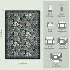 Washable Area Rugs 5x7 Black Green Vintage Floral Botanical Pattern,Perfect for Living Room, Bedroom, Kids Room, Nursery - Stain & Water Resistant Non-Slip, Pet & Child Friendly/Bedroom Decor