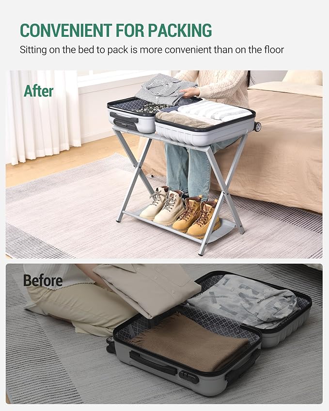 Luggage Rack, Folding Suitcase Stand for Guest, Foldable, Luggage Holders with Shelf, Steel Frame with Nylon Straps for Bedroom, Hotel, Holds up to 154 lb, Grey, 2 Pack LR03999G