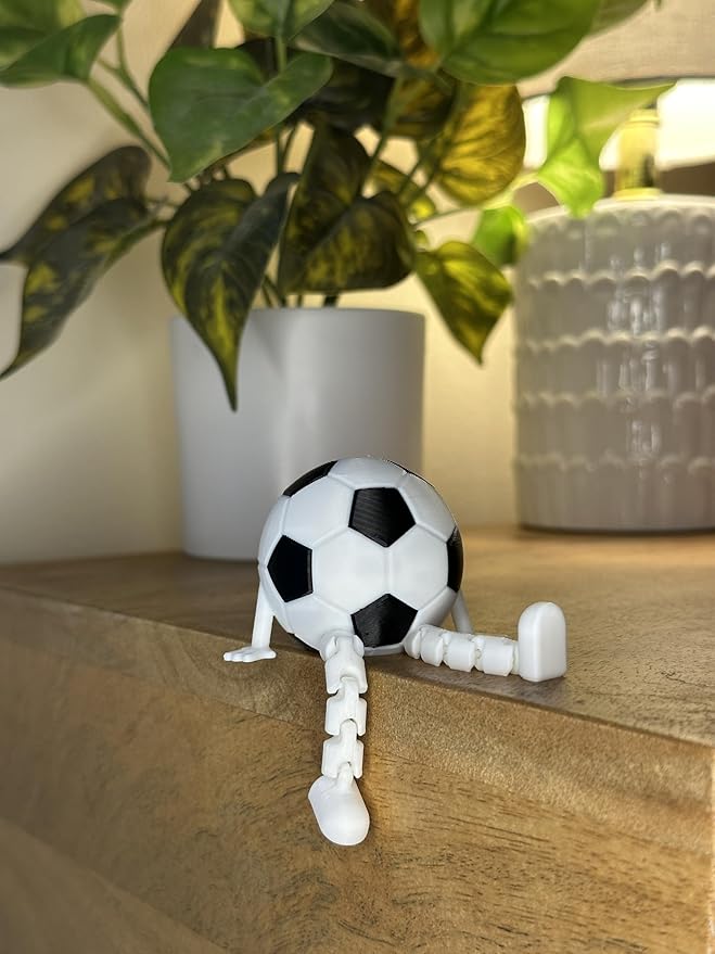 Soccer Ball Buddy Figurine with Articulated Legs, Decorative Sports Collectible, Desktop Shelf Decor, White and Black, Unique Gift for Soccer Enthusiasts