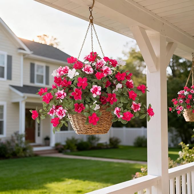 Artificial Fake Azalea Flowers for Outdoor Spring Decoration, Faux Silk Flower for Summer UV Resistant Look Real Plants for Garden Yard Porch Walkway Indoor Decor, 2PCS