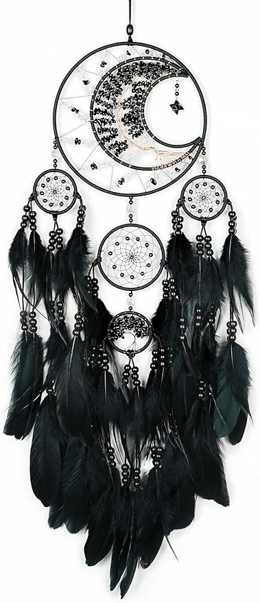 Large Dream Catchers, Handmade Woven Moon Healing Crystal Stone Dream Catcher Wall Hanging Ornament for Bedroom Living Room Wedding Party Decor, Festival Blessing Craft Gift (Black Moon)