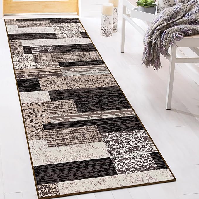 FlyDOIT Modern Geometric Patchwork Area Rug, 2.7x8 Chocolate Runner Rugs for Living Room, Rockwood Collection Indoor Rugs for Bedroom, Throw Carpet Floor Decor for Entryway Dining Room Office Nursery