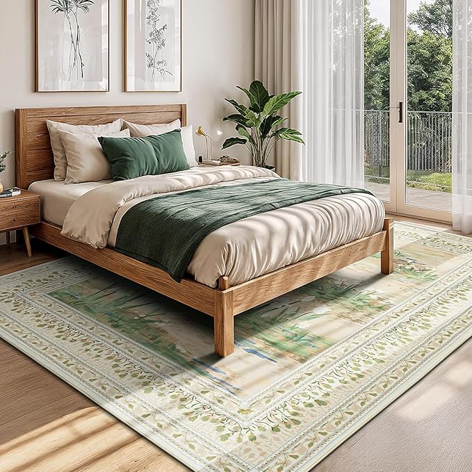 Lessymo Floral Large Area Rug 9x12, Living Room Washable Area Rugs Non Slip Boho Low Plie Large Carpet for Bedroom Dining Room Home Office, Vintage Boho Farmhouse Moody Aesthetic Carpet, Beige Sage