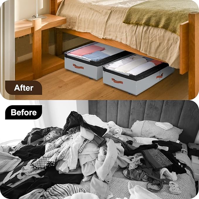 2 Pack Under Bed Storage with Wheels, Adjustable-Height Rolling Storage Containers with Clear Lids, 76L XXL Durable Underbed Organizer Bins for Clothes, Shoes, Blankets, Bedroom, Dorm, Closet - Gray
