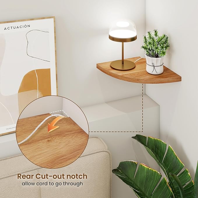 Fun Memories Corner Shelf Wall Mount, Solid Oak Wood Floating Corner Shelves with Cable Hole, 8.5in Rustic Design for Bedroom, Bathroom, Kitchen, Living Room (Natural, 1 Pack)