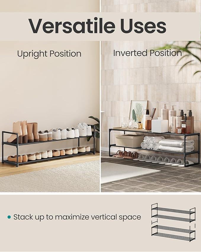SONGMICS Shoe Rack, 2-Tier Shoe Organizer, Metal Storage Shelf, Upright or Upside Down, for 15-18 Pairs, Stackable, for Entryway, 11.8 x 46.1 x 14.6 Inches, Black ULSA032B01
