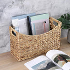 BTSKY Woven Magazine Holder, Water Hyacinth Magazine Basket, Natural Storage Basket Bin for Books & Files, Bathroom Magazine Rack with Built-in-Handle for Home, Office & Desk - 17x6.5x9.8 Inch