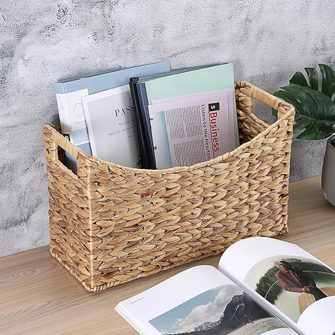 BTSKY Woven Magazine Holder, Water Hyacinth Magazine Basket, Natural Storage Basket Bin for Books & Files, Bathroom Magazine Rack with Built-in-Handle for Home, Office & Desk - 17x6.5x9.8 Inch