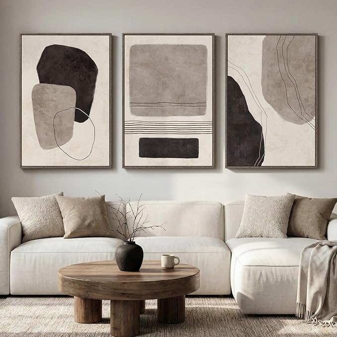 Large Framed Neutral Abstract Wall Art for Living Room, 3 Piece Black and White Canvas Prints Paintings Artwork for Walls, Modern Minimalist Pictures Wall Decor for Bedroom Dining Room Office 24x36 In