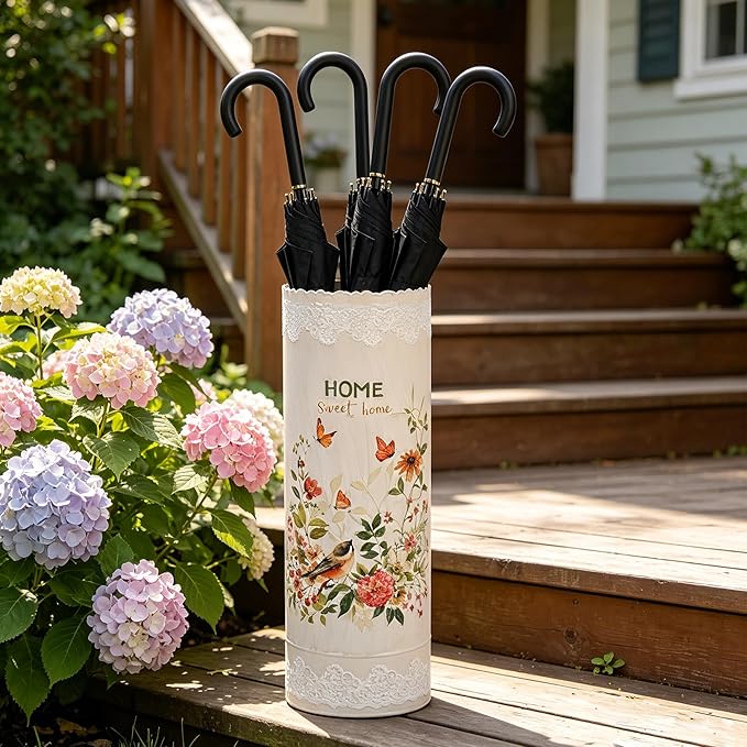 Vintage Metal Umbrella Holder Rustic Round Umbrella Stand Entryway Decorative Organizer Bucket for Home/Office/Farmhouse - Holds Multiple Umbrellas Canes & Walking Sticks (Pink)