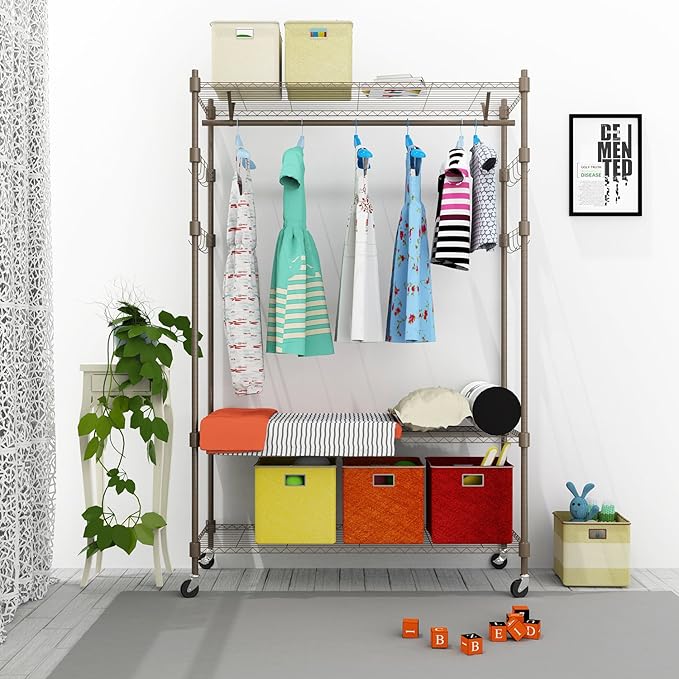 Heavy Duty Clothes Rack, Adjustable Rolling Garment Rack with Shelves, Freestanding Wardrobe Rack 1 Clothes Hanging Bar, 3 tired Wire Shelving, 4 Hanger Hooks - Hold Up to 400Lbs (Gray, 1Rod 4Hook)