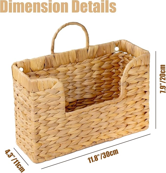 Set of 2 Magazine Holder Wall Basket Water Hyacinth Woven Mail Organizer, Wicker Wall Hanging Baskets for Magazines, Letters & Storage Decorative Mail Holder, Magazine Rack, 11.8x4.3x7.9 Inch