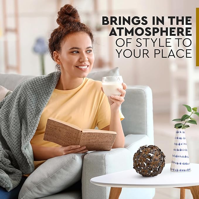 Metal Decorative Sphere for Home Decor - Decorative Balls for Shelves, Centerpiece Bowls, Bookshelf - Decoration Orbs Accents for Living Room, Bedroom - Antique Brown Shelf Spheres