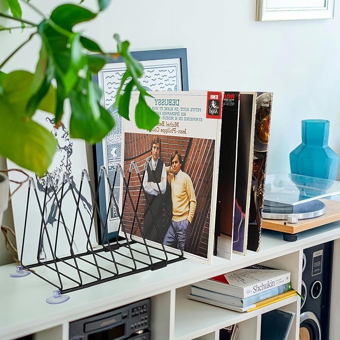 Vinyl Record Holder Storage, 11 Slot Metal Record Stand Magazine Newspaper Album Display Rack Desktop Triangle File Holders for Office Home Black