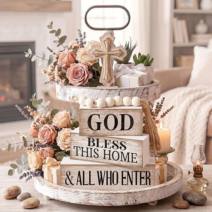 Moucuny 4 Pcs Christian Table Decor Rustic Wooden Block Sign Set with God Bless This Home & All Who Enter Farmhouse Stacked Decor with Beaded Garland Tassel Christian Home Decors for Office, Shelf