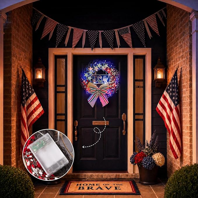 4th of July Wreath, 20 inch Patriotic Wreaths for Front Door, Red White Blue American Independence Day Memorial Day Flag Day 250th Anniversary Patriotic Home Decor Indoor Outdoor