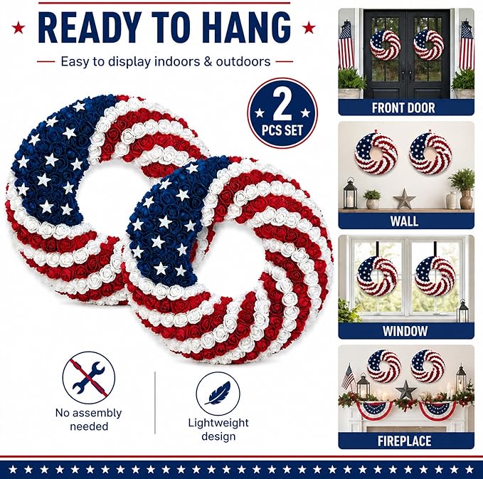 2 Pcs 18 Inch Patriotic Wreath for Front Door 4th of July Wreath Red White Blue Rose Front Door Decor Independence Memorial Artificial Rose Wreaths for 250th Anniversary Porch Wall Indoor Outdoor