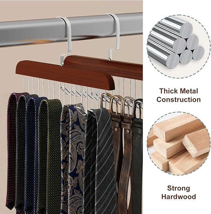2 Pack Belt Hanger for Closet, Wooden Tie Racks Hanger with Upgraded 360°Rotating, Space-Saving Belt Holders with 8 Hooks, Closet Storage for Tie,Tank Top,Bra, Scarf,Hat