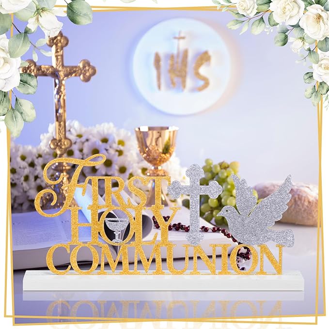 Teenyyou First Holy Communion Sign 1st Communion Decoration Baptism Centerpiece for Table God Bless Gift Metal Word Sign with Wooden Base for Baptism Shower Party Tabletop Desk Decor