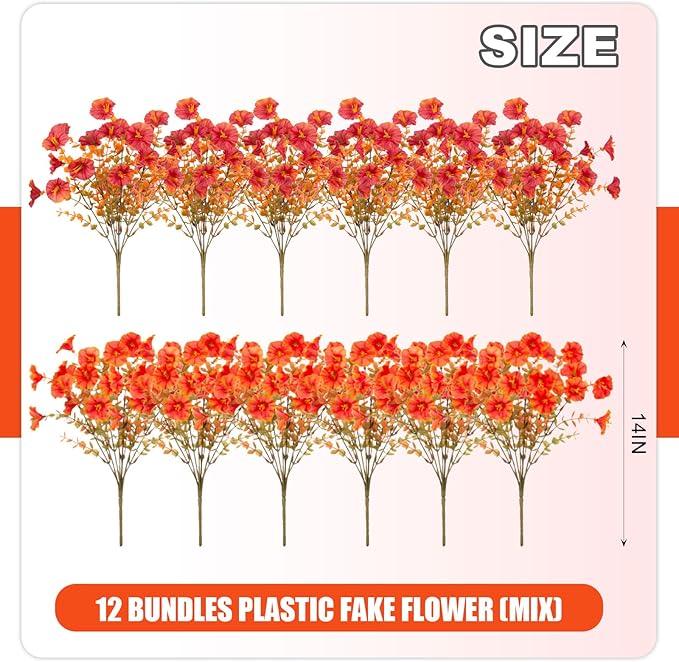 Fake Flowers Artificial for Outdoor Decoration Autumn Silk Flower UV Resistant, 12 Bundles Faux Morning Glory with Eucalyptus Greenery for Indoor Garden Planters Patio Window Home Decor, Mix