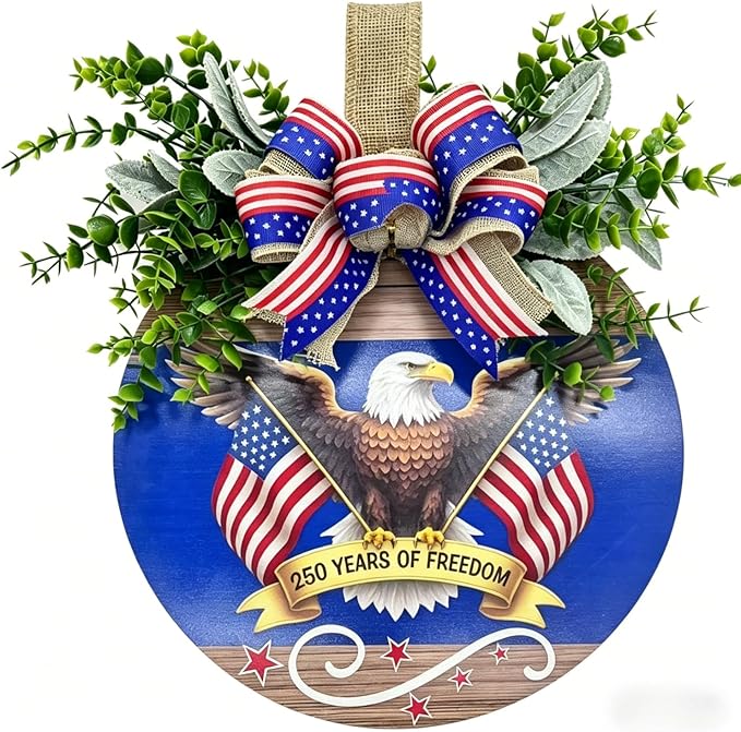 12" Patriotic Wreath for Front Door Wooden Welcome Sign, 4th of July Decorations Outdoor with USA 250th Anniversary Flag, Memorial Day Patriotic Decor (Color-Freedom1)