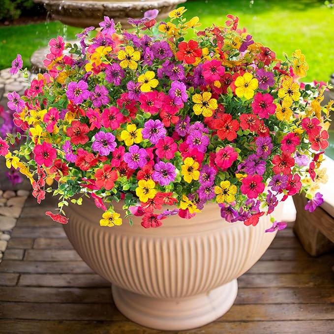 12 Bundles Artificial Flowers,Faux Plants for Spring Summer Decoration, UV Resistant Colorful Violets Eucalyptus for Outside Home Planter Porch Patio Yard Decor