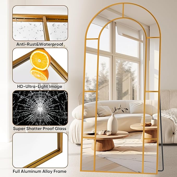 Antok 71" x 32" Full Length Mirror, Floor Mirror Arched Window Decorative Mirror, Metal Framed Decor Farmhouse Floor Mirrors Art Pane Mirrors Wall Decor for Bedroom, Living Room, Entryway Black