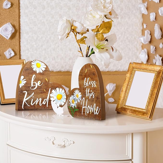 Jetec 2 Pcs Rustic Decorations for Living Room Home Shelf Mantel Entryway Table, Farmhouse Knick Knacks Christian Table Centerpiece Wooden Heart Decor for Dining Room Housewarming Gift(Daisy Style)