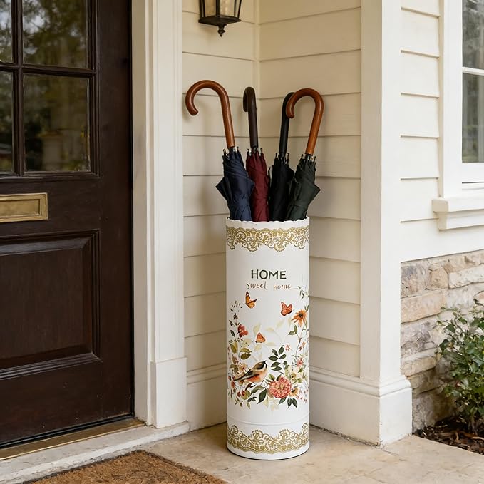 Vintage Metal Umbrella Holder Rustic Round Umbrella Stand Entryway Decorative Organizer Bucket for Home/Office/Farmhouse - Holds Multiple Umbrellas Canes & Walking Sticks (White)