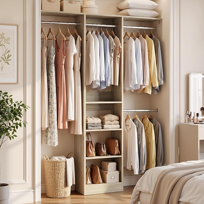 Cyclysio 4FT Small Closet System, 80"H Closet Organizer System with 4 Closets Rods & 3 Shelves, 48" Closets Organizers and Storage for Small Bedrooms, Laundry Rooms, Cloakrooms, White Oak