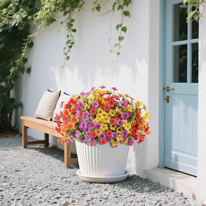 Artificial Faux Flowers Plants for Outdoors Outside Spring Summer Decoration,12 Bundles Silk Daisy Realistic Fake Flowers Plants Greenery UV Resistant for Planters Porch Patio Front Yard(4 Multicolor)