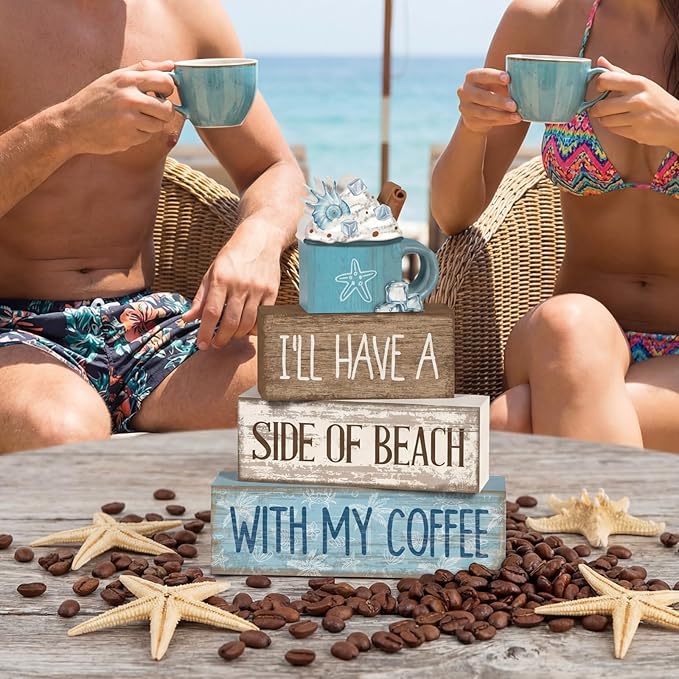 Lineshading 4 Pcs Summer Table Decorations Beach Coffee Bar Wooden Block Sign Blue Rustic Coastal Tiered Tray Decor with Coffee Cup Summer Centerpieces Decor for Beach Nautical Party Office Home