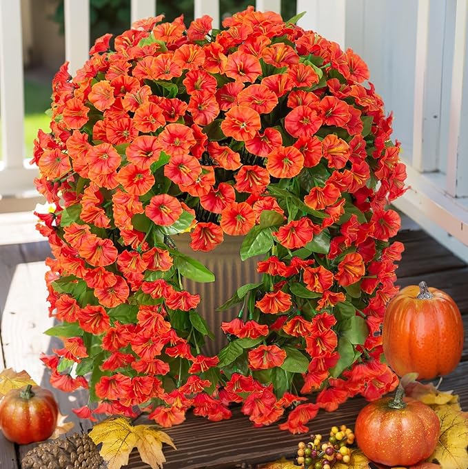 HyeFlora Artificial Fake Hanging Flowers Plants for Outdoor Outside Spring Decor, 2PCS Faux Silk Orange Morning Glory Trailing Vines UV Resistant Look Real for Home Planter Porch Patio