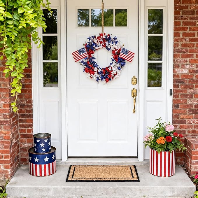4th of July Wreath Patriotic Wreath 22 Inch Independence Day Wreaths for Front Door with Red White Blue Flag Forsythia Flowers for American Memorial Day Flag Day Indoor Outdoor Decor