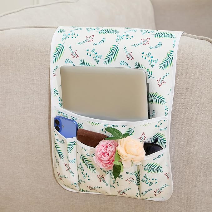 Sofa Armrest Organizer Non-Slip Arm Chair Hanging Caddy Remote Control Holder for Magazine,Tablet, Phone, Books, Glasses(GreenLeaf,13in)