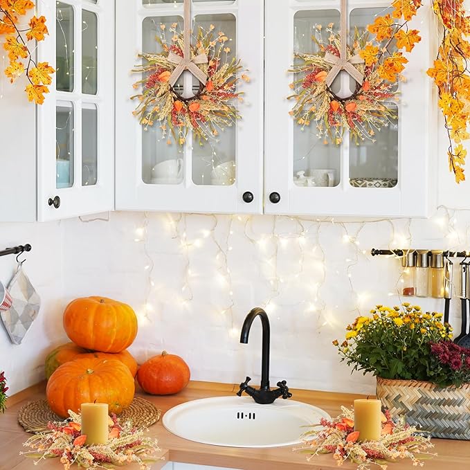 6 Pcs 9 inch Fall Wreaths Thanksgiving Artificial Swag Wreaths Autumn Hanging Wreath Harvest Candle Rings for Cabinets Farmhouse with Ribbon for Front Door Porch Wall Window Decoration