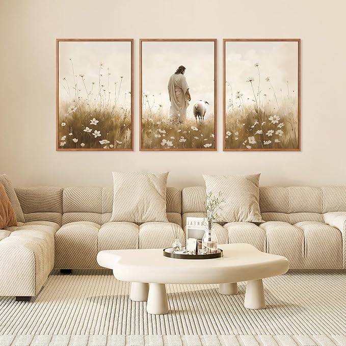 KAIRNE Jesus Wall Art Set of 3(24”X36”),Lost Sheep Wall Decor,Religious Scripture Art Print,Christian Bible Wall Paintings,White Floral Pictures for Church Bedroom Living Room Office Decoration,Framed